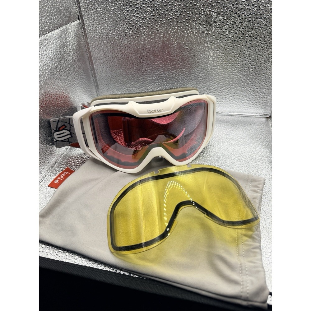 BOLLE Ski Snowboard Goggles White w/Red Lens w/ADJ. Strap & Extra Yellow Lens